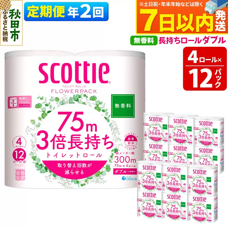 《6ヶ月ごとに2回お届け》定期便 トイレットペーパー スコッティ フラワーパック 3倍長持ち〈無香料〉4ロール(ダブル)×12パック レビューキャンペーン中 7日以内発送