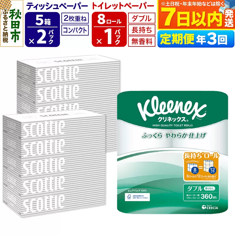 《4ヶ月ごとに3回お届け》定期便 トイレットペーパー クリネックス ダブル 長持ち 8ロール×1P ＆ ティッシュペーパー スコッティ10箱(5箱×2P) 秋田市オリジナル