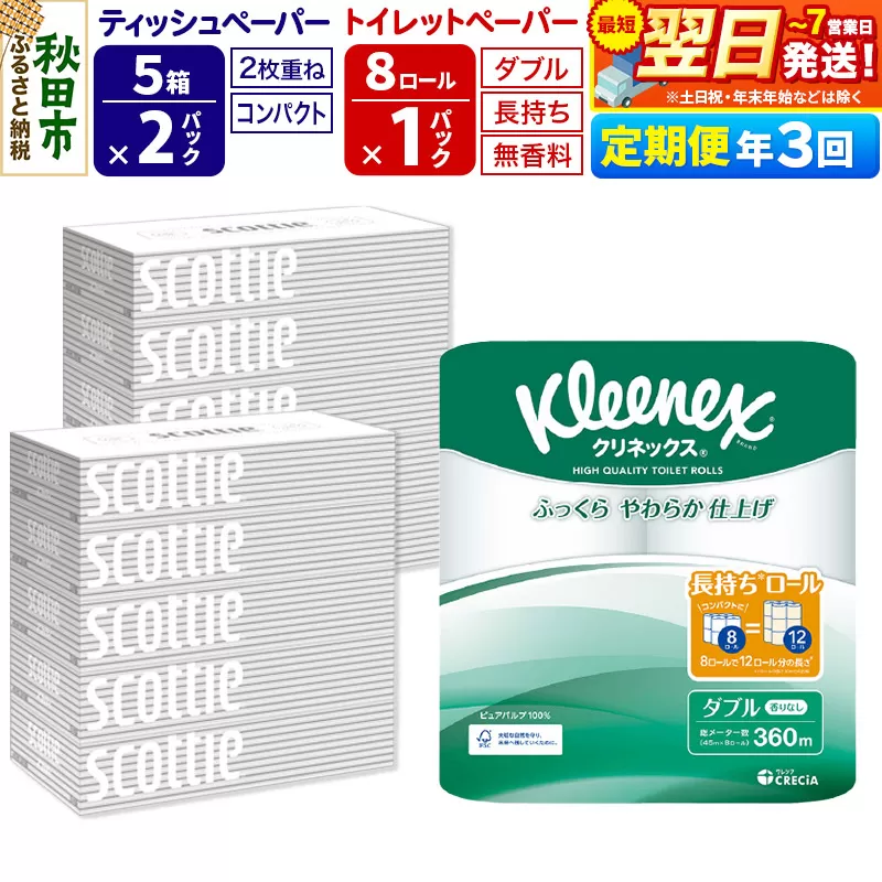 《4ヶ月ごとに3回お届け》定期便 トイレットペーパー クリネックス ダブル 長持ち 8ロール×1P ＆ ティッシュペーパー スコッティ10箱(5箱×2P) 秋田市オリジナル【レビューキャンペーン中】