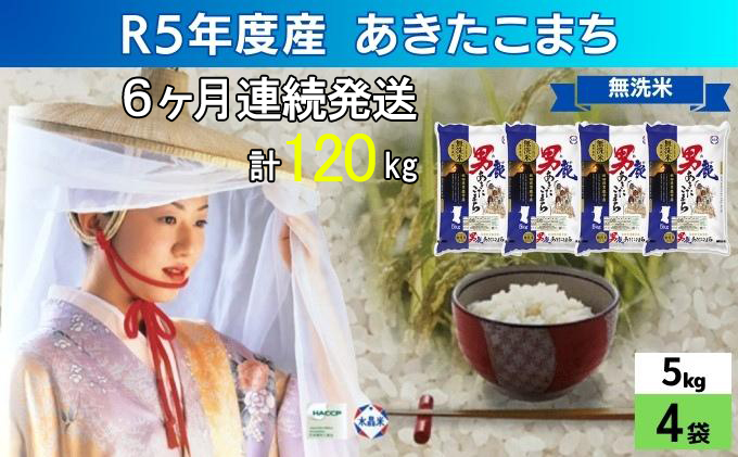 定期便 無洗米 令和5年産 あきたこまち 20kg 5kg×4袋 6ヶ月連続発送