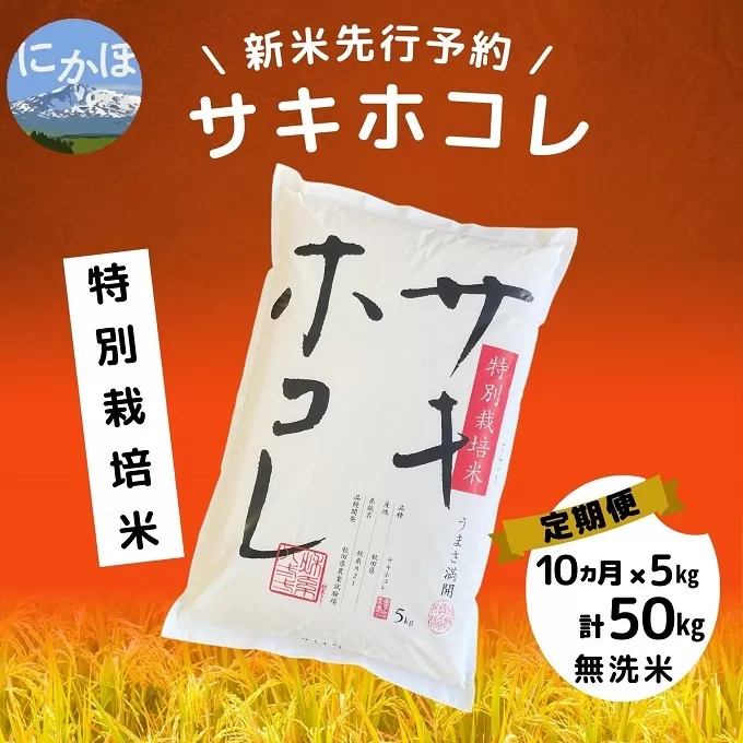 【令和5年産新米予約】【無洗米】<10ヵ月定期便>特別栽培米サキホコレ5kg×10回 計50kg