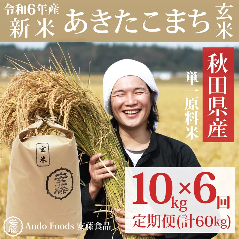 《令和6年産 新米》《定期便6ヶ月》秋田県産 あきたこまち 10kg(10kg×1袋)×6回【玄米】計60kg 令和6年産