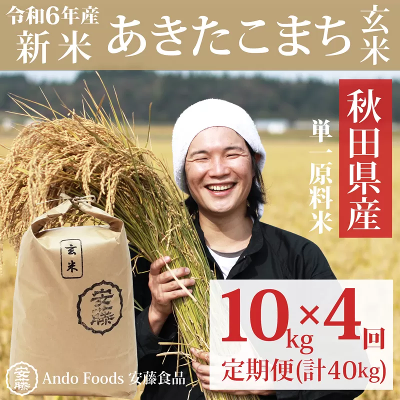 《令和6年産 新米》《定期便4ヶ月》秋田県産 あきたこまち 10kg(10kg×1袋)×4回【玄米】計40kg 令和6年産