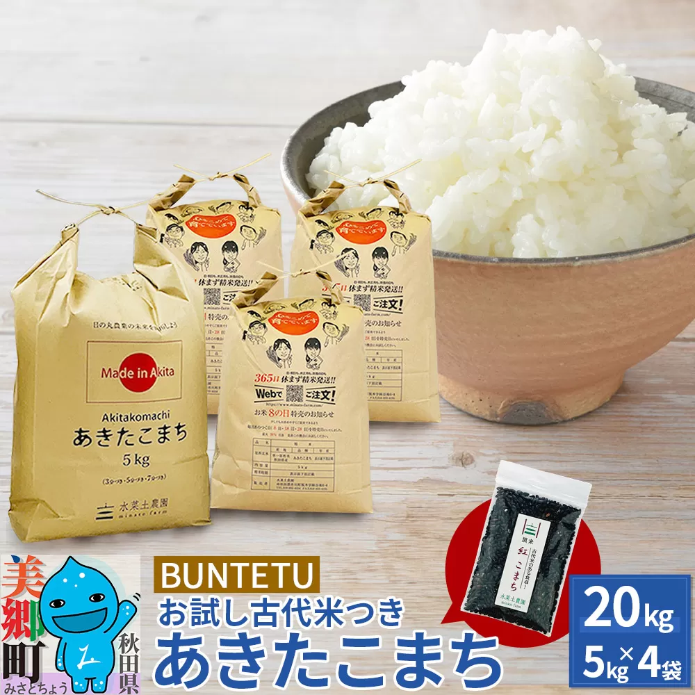 【令和6年産・白米】あきたこまち 20kg（5kg×4袋）古代米お試し袋付き 秋田県美郷町産