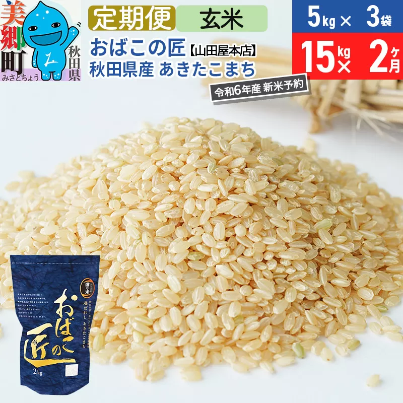 【玄米】＜令和6年産 新米予約＞《定期便2ヶ月》おばこの匠 秋田県産あきたこまち 15kg×2回 計30kg 2か月 2ヵ月 2カ月 2ケ月 秋田こまち お米