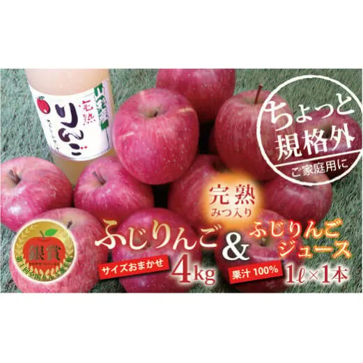 〈訳あり ちょっと規格外〉 完熟みつ入りふじりんご 約4kg ＆ ふじりんごストレートジュース 1本 セット 《令和6年12月中旬～発送》 【全国りんご選手権 銀賞】 『船中農園』 山形県 南陽市 [1404]