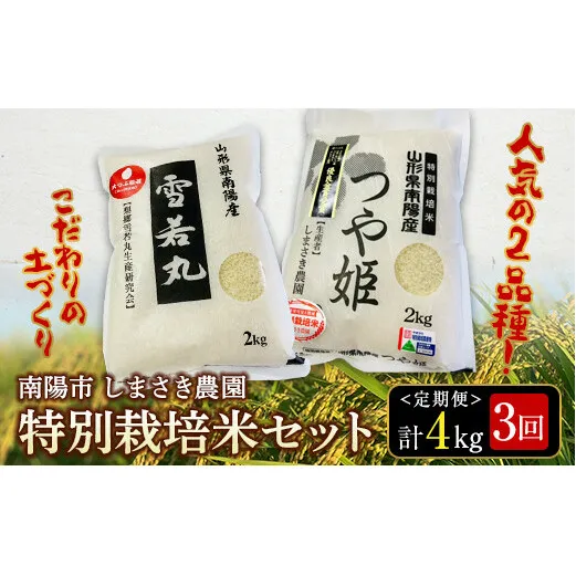 【米食味コンクール金賞受賞農園】 《定期便3回》 つや姫 雪若丸 定期便 計4kg×3か月 『しまさき農園』 南陽市産 山形県 南陽市 [1543]