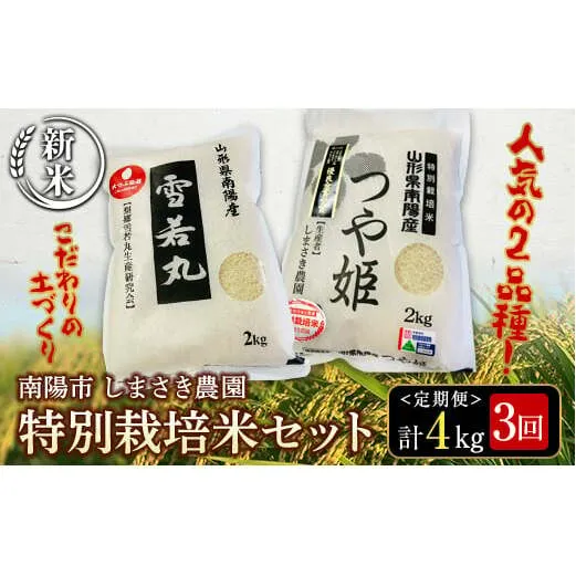 【令和6年産 新米 先行予約】 【米食味コンクール金賞受賞農園】 《定期便3回》 特別栽培米セット定期便 「つや姫・雪若丸」 各2kg(計4kg)×3か月 《令和6年10月中旬～発送》 『しまさき農園』 山形南陽産 米 白米 精米 ご飯 農家直送 セット 食べ比べ 山形県 南陽市 [1543-R6]