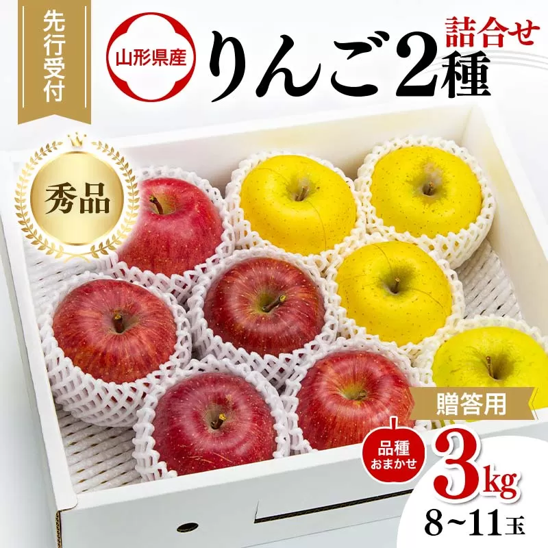 FYN9-966 ≪先行予約≫ 贈答用 2024年 山形県産 りんご 品種おまかせ 2種詰合せ 秀品 3kg（8～11玉）2024年10月中旬から順次発送 2色 赤・黄 食べ比べ セット フルーツ 果物 りんご リンゴ 山形県 西川町 月山