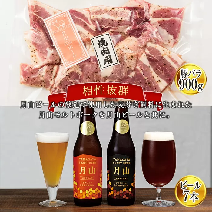 FYN9-456 月山maltポーク豚バラ厚切り焼肉用と月山ビールセット 詰め合わせ 詰合せ 山形県 西川町