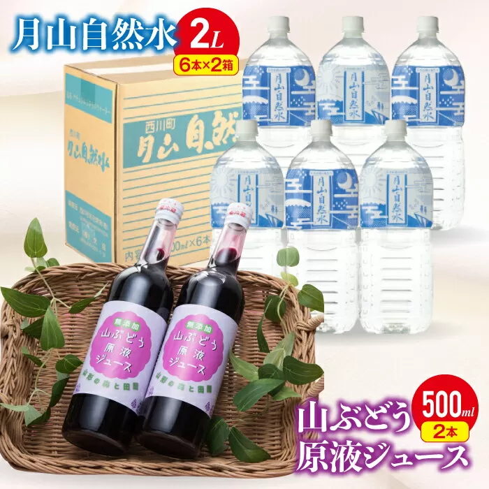 FYN9-341 【おいしい山形西川町】月山の地脈より湧き出るナチュラルウォーター「月山自然水 2L×6本」と「山ぶどう原液ジュース 500ml×2本」セット詰合せ 詰め合わせ