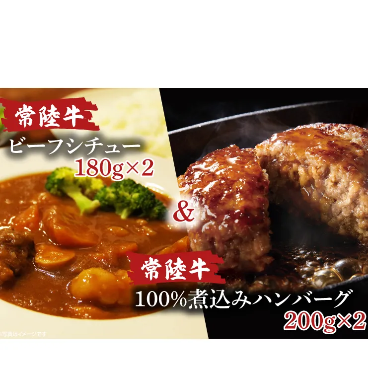 AA019　常陸牛ビーフシチュー　(180g×2)＆　常陸牛100％煮込みハンバーグ　(200g×2)セット