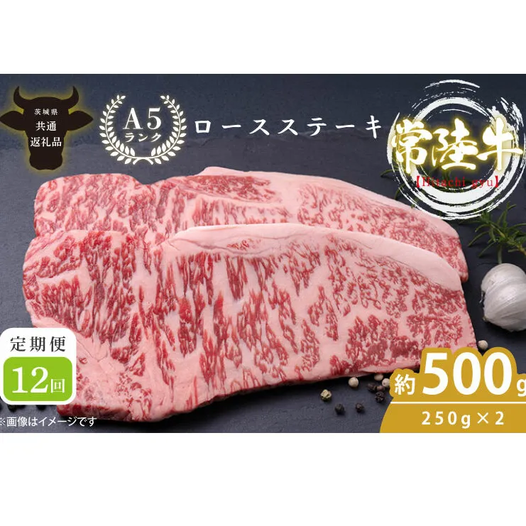 【12回定期便】最高級A4.A5ランク 常陸牛ロースステーキ500ｇ（250ｇ×2）×12回【人気肉 お肉 牛肉 和牛 黒毛和牛 国産黒毛和牛 ロース肉 ステーキ 国産牛 焼肉 焼き肉 バーベキュー BBQ A5 ブランド牛】(CR009)