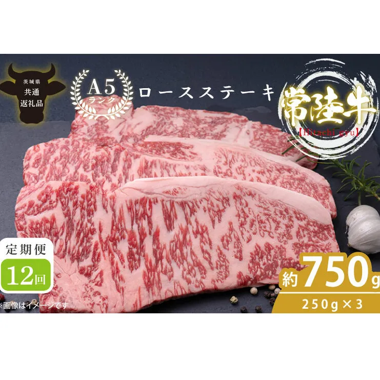 【12回定期便】最高級A4.A5ランク 常陸牛ロースステーキ750ｇ（250g×3）×12回【人気肉 お肉 牛肉 和牛 黒毛和牛 国産黒毛和牛 ロース肉 ステーキ 国産牛 焼肉 焼き肉 バーベキュー BBQ A5 ブランド牛】(CR012)