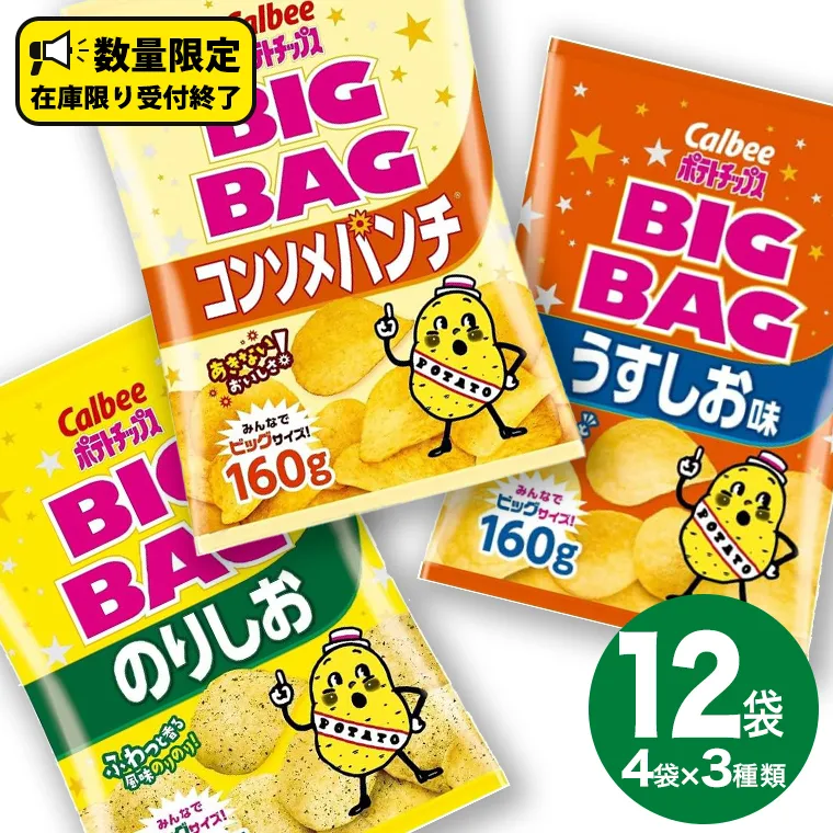 カルビー ポテトチップス BIGBAG 160g 3種 各4袋セット (計 12袋 ) うすしお ・ のりしお ・ コンソメパンチ ポテチ お菓子 おかし 大量 スナック おつまみ ジャガイモ じゃがいも まとめ買い 数量限定