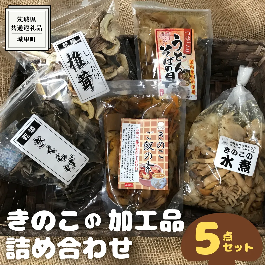 きのこ の 加工品 詰め合わせ 5点セット （茨城県共通返礼品：城里町） きのこミックス 野菜 水煮 国産 きのこ ご飯の素 国産 うどん そばの具 乾燥 しいたけ 乾燥 きくらげ バラエティ セット 乾燥きのこ 