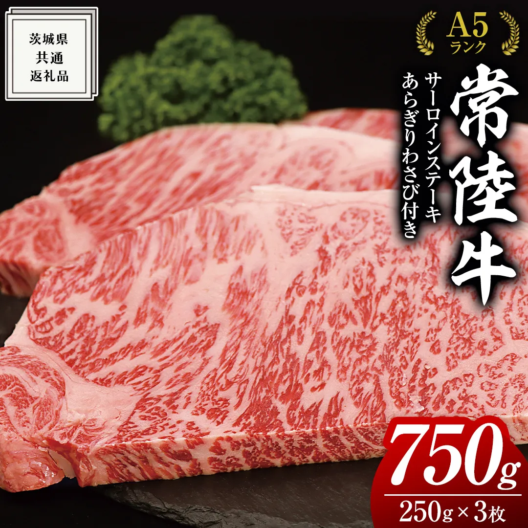 常陸牛 A5 等級 サーロイン ステーキ 250g × 3枚（ 合計 750g ） あらぎり わさび 1本付 ( 茨城県共通返礼品 ) 黒毛和牛 国産 お肉 肉 A5ランク ブランド牛 牛肉 ひたち牛 ブランド和牛 ステーキ用 ワサビ付 山葵 焼肉 焼き肉 バーベキュー BBQ 化粧箱 ギフト