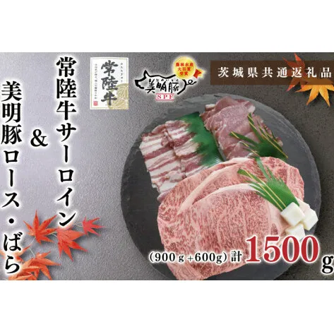 【茨城県共通返礼品】【常陸牛A5ランク・美明豚ステーキ焼肉セット】常陸牛サーロイン900ｇ（300ｇ×３枚）＋美明豚600ｇ（ロース300ｇ・ばら300ｇ）（KCK-36）