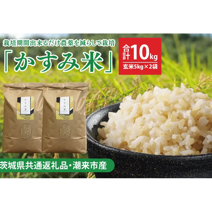 【茨城県共通返礼品・潮来市産】令和6年産新米　栽培期間出来るだけ農薬を減らして作る「かすみ米」（コシヒカリ）玄米10kg 【げんまい 減農薬 こしひかり おいしい おこめ 安心 安全 健康】（KBE-64）