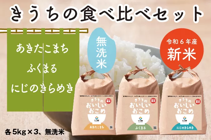 生活応援米 新米【令和6年産】無洗米 食べくらべセット 15kg (あきたこまち・ふくまる・にじのきらめき 各5kg×3)｜先行予約  [1045]