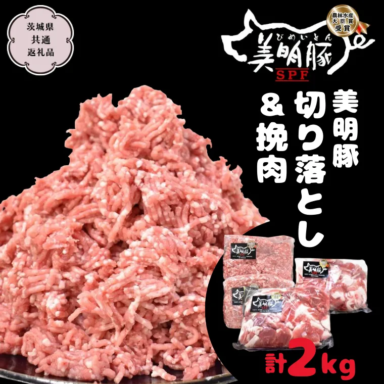 美明豚 切り落とし 1kg & 挽肉 1kg　計 2kg【茨城県共通返礼品 行方市】 豚肉 国産 銘柄 お手頃 グルメ 茨城県 料理 [CV003sa]