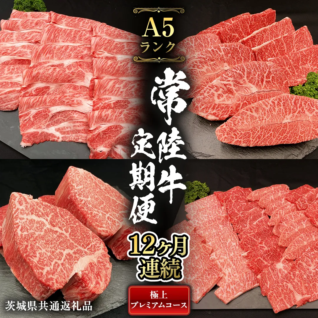 【 定期便 12ヶ月 連続 】 常陸牛 最高級 A5 ランク のみ 極上 プレミアム コース 茨城県共通返礼品 黒毛和牛 国産黒毛和牛 和牛 国産 牛肉 牛 お肉 肉 ひたち牛  [CD032sa]