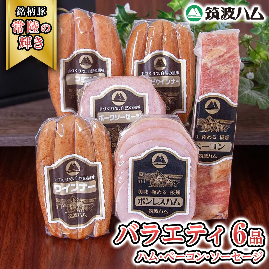 筑波ハム バラエティ 6品 ( ハム ベーコン ソーセージ ) 『常陸の輝き』 茨城県産 ブランド豚 銘柄豚 ( 茨城県共通返礼品 ) ボンレスハム フランク ウィンナー 豚 ポーク ステーキ 肉 お肉 [EN001sa]