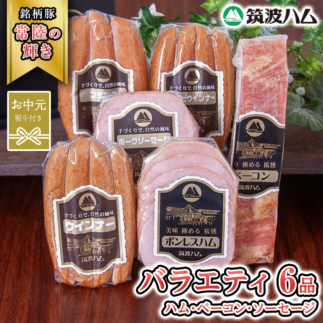 【お中元熨斗付き】筑波ハム バラエティ 6品 ( ハム ベーコン ソーセージ ) 『常陸の輝き』 茨城県産 ブランド豚 銘柄豚 ( 茨城県共通返礼品 ) ボンレスハム フランク ウィンナー 豚 ポーク ステーキ 肉 お肉 [EN003sa]