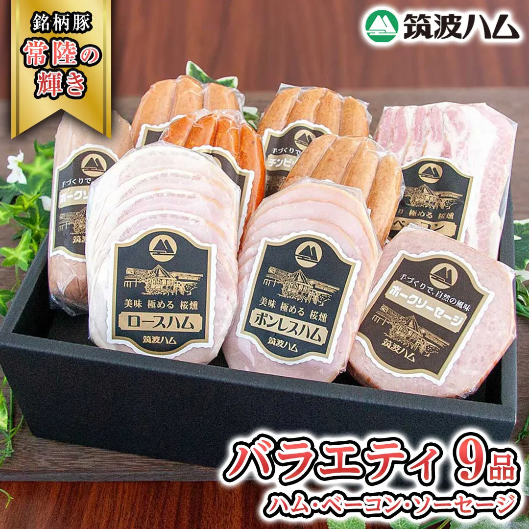 筑波ハム バラエティ 9品 ( ハム ベーコン ソーセージ ) 『常陸の輝き』 茨城県産 ブランド豚 銘柄豚 ( 茨城県共通返礼品 ) ロースハム ボンレスハム フランク ウィンナー チョリソー 豚 ポーク ステーキ 肉 お肉 [EN009sa]