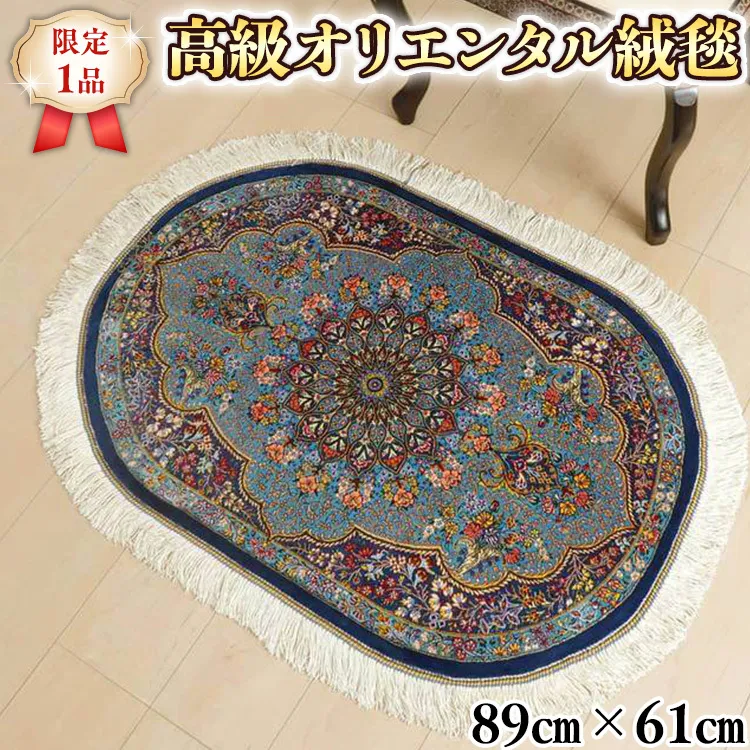 【限定1品】 ペルシャ絨毯 シルク100％ 手織り ラグマット カーペット／ 高級 玄関マットサイズ 89×61cm 高品質 じゅうたん ラグ （FS-2114) メダリオン 青   エントランスマット 寝室 書斎 和室 じゅうたん ラグ [BP165-NT]