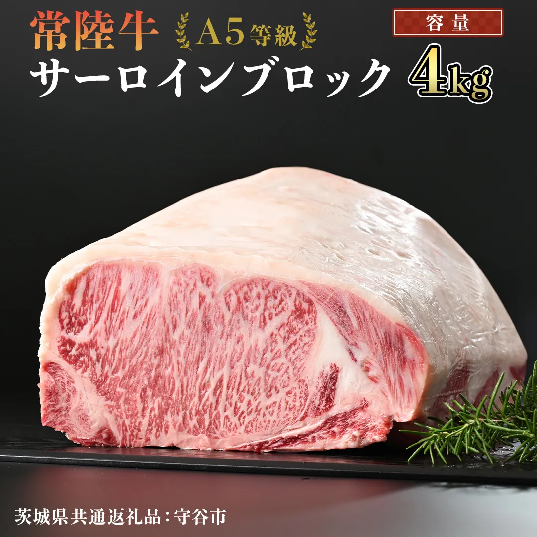 【 常陸牛 】 A5等級 サーロイン ブロック 選べる容量 4kg （茨城県 共通返礼品：守谷市） 国産 ステーキ 焼き肉 ブロック肉 牛肉 やきにく ヒタチギュウ ひたちぎゅう ブランド牛肉 ブランド牛 国産牛 黒毛和牛 和牛 国産黒毛和牛 お肉 A5ランク [BX119-NT]