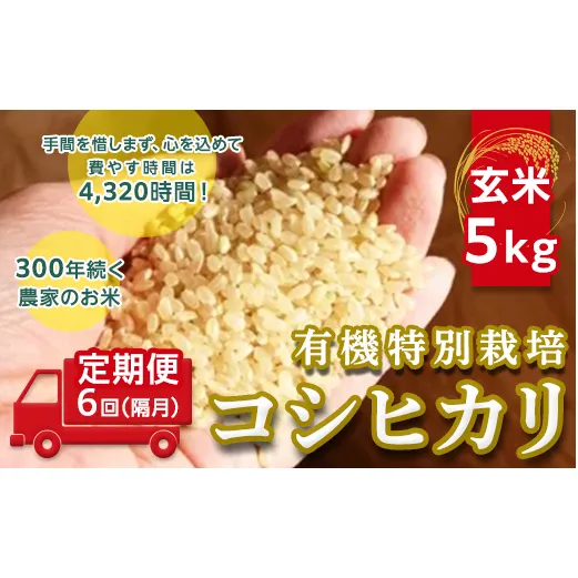 ＜令和２年産＞【定期便】☆【玄米】5kg×6回（隔月）☆三百年続く農家の有機特別栽培コシヒカリ [AC18-NT]