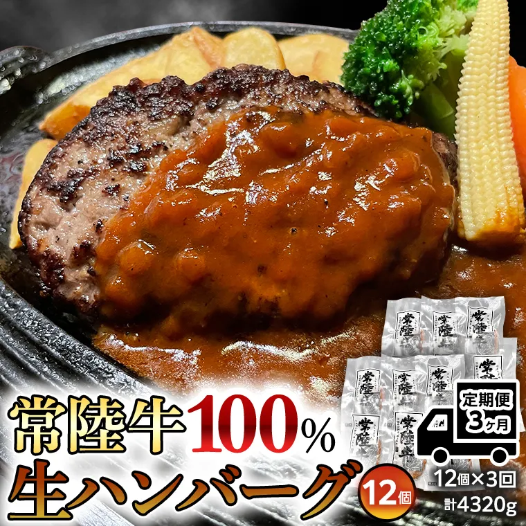 【３ヶ月定期便】 黒毛和牛 常陸牛 100% 特製 プレミアム 生ハンバーグ 120g×12個入り 合計1,440g 八千代町産 白菜 使用 無添加 無着色 保存料不使用 冷凍 牛 牛肉 ビーフ 生 ハンバーグ こだわり [AU055ya]