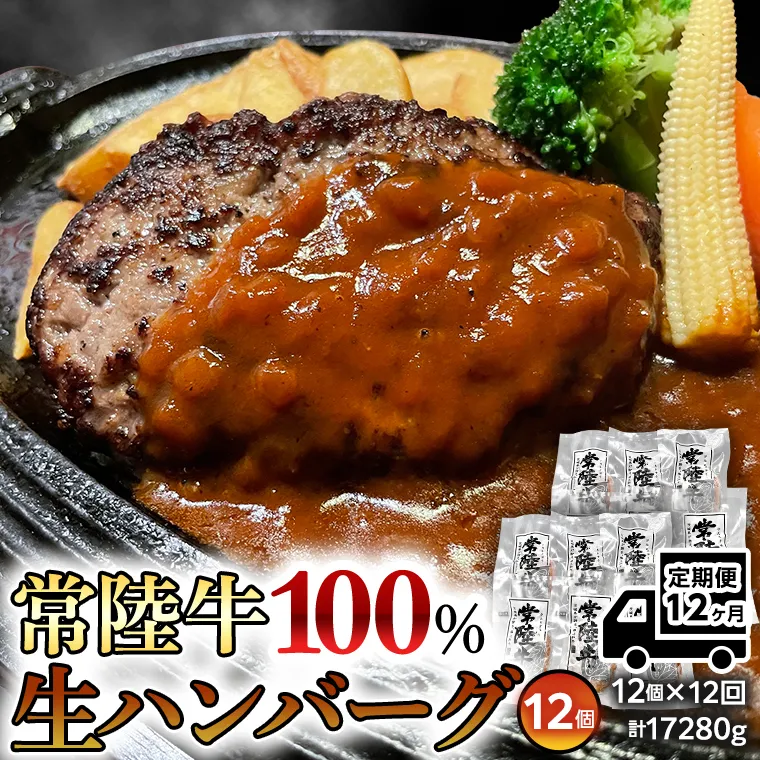 【12ヶ月定期便】 黒毛和牛 常陸牛 100% 特製 プレミアム 生ハンバーグ 120g×12個入り 合計1,440g 八千代町産 白菜 使用 無添加 無着色 保存料不使用 冷凍 牛 牛肉 ビーフ 生 ハンバーグ こだわり [AU059ya]