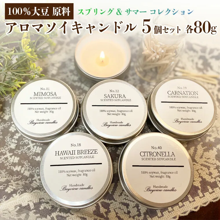 100%大豆が原料! アロマ ソイキャンドル ～スプリング & サマー コレクション 5個 セット 【Bayview candles】キャンドル ソイ ワックス フレグランス  贈り物 プレゼント キャンプ [BA010ya]