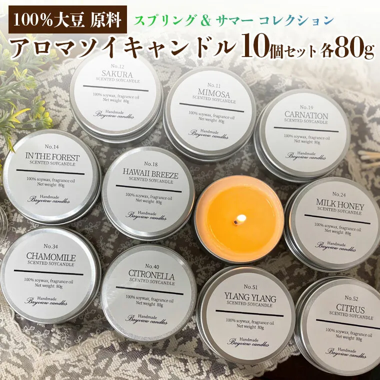 100% 大豆が原料! アロマ ソイキャンドル ～スプリング & サマー コレクション 10個 セット 【Bayview candles】キャンドル ソイ ワックス フレグランス  贈り物 プレゼント キャンプ [BA011ya]