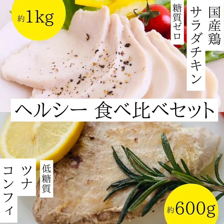 ヘルシー 食べ比べ 国産鶏 サラダチキン 糖質ゼロ ( 約1kg )と ツナ コンフィ 低糖質 ( 約600g ) セット サラダ チキン マグロ オリーブオイル 詰め合せ [AU066ya]