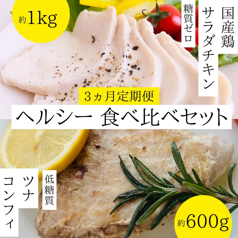 【 3ヵ月 定期便 】 ヘルシー 食べ比べ 国産鶏 サラダチキン 糖質ゼロ ( 約1kg )と ツナ コンフィ 低糖質 ( 約600g ) セット サラダ チキン マグロ オリーブオイル 詰め合せ [AU067ya]