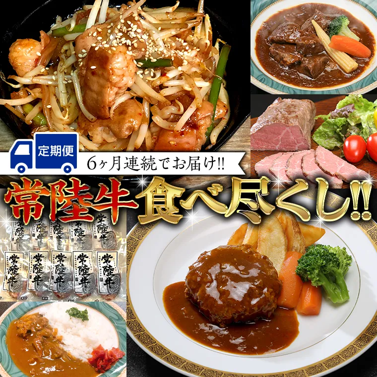 【定期便】 【6回コース】 常陸牛 食べ尽くし 定期便 （6ヶ月連続でお届け） 牛肉 黒毛和牛 国産 贅沢 ビーフシチュー ハンバーグ ローストビーフ 牛もつ ホルモン 簡単 お手軽 [AU035ya]