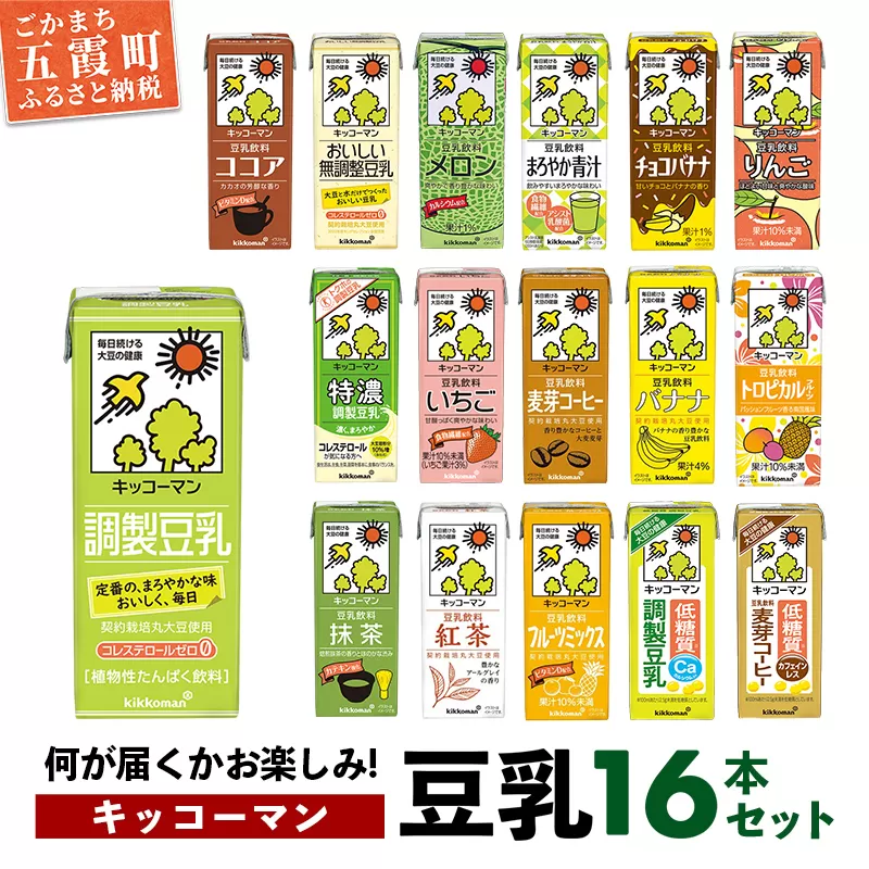 【合計200ml×16本】キッコーマン バラエティーセット 200ml ／ 飲料 豆乳 健康 おまかせ おやつ 豆乳飲料 大豆 パック セット 定番 飲み切り おすすめ 茨城県 五霞町