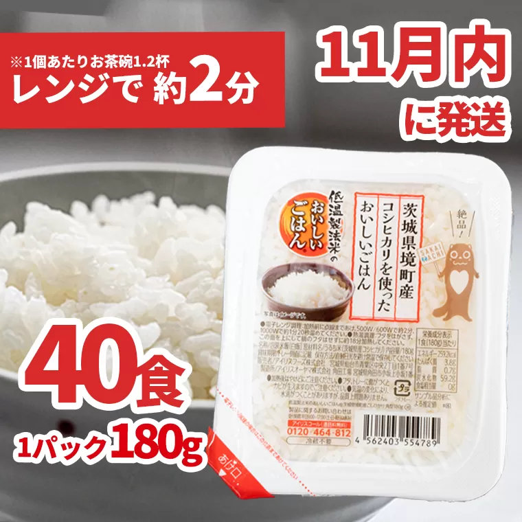 【11月内発送】境町産こしひかり使用 低温製法米パックライス 180g×40個