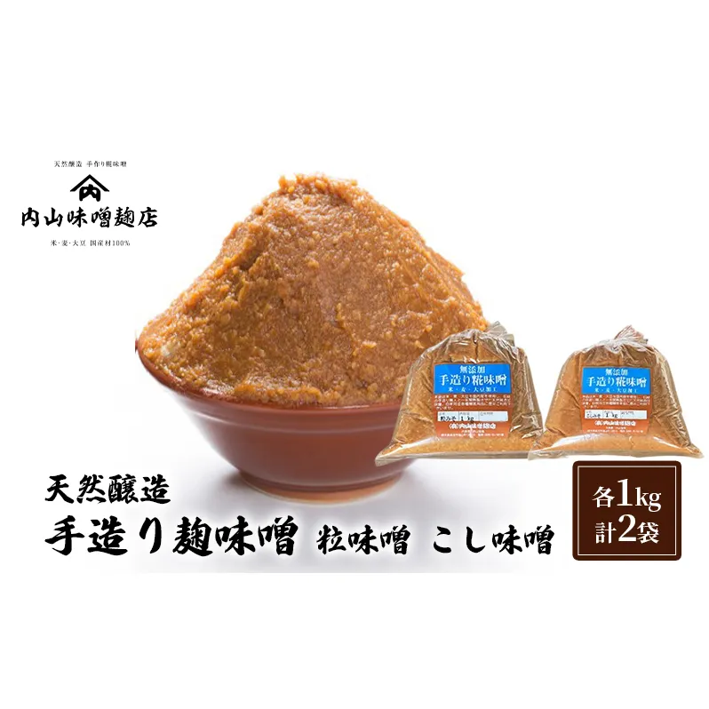 天然醸造 手造り麹味噌 粒味噌 こし味噌 各1kg 計2袋 みそ 味噌 手造り 麹 国産 大豆 昔ながら 製法 安心安全 風味 甘味 鹿沼市 かぬま