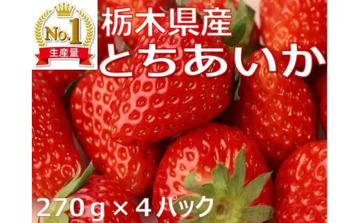 【先行予約】【数量限定】≪いちご≫【とちあいか】270ｇ×4パック　※2022年12月下旬〜2023年2月下旬頃に順次発送予定　≪苺 イチゴ ストロベリー 手作りスイーツ フルーツ 果物 プレゼント ギフト とちぎ 産地直送 ご褒美≫