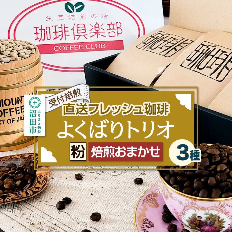 《受付焙煎》直送フレッシュ珈琲 よくばりトリオ【粉／焙煎度合いの指定はできません】各200g×3種 計600g 珈琲倶楽部 沼田店