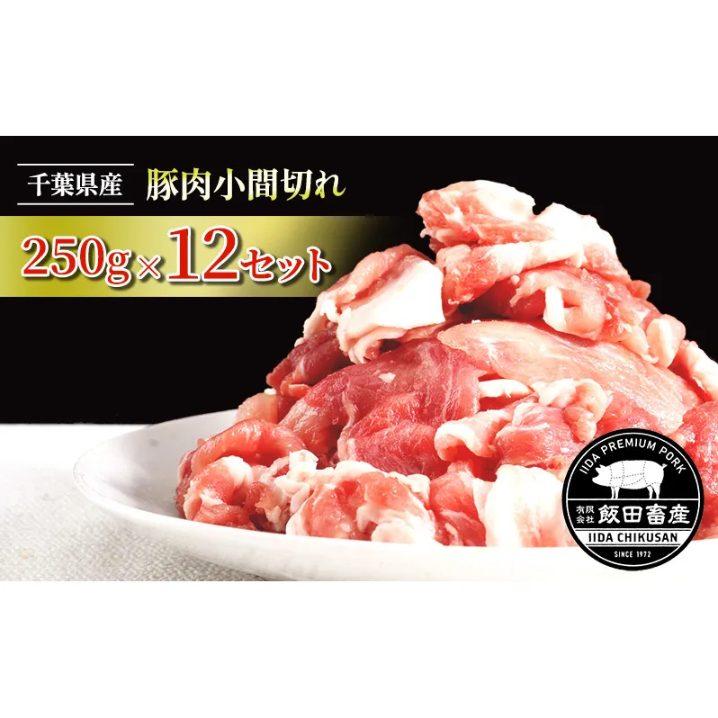 農場直送！！千葉県産 豚肉 小間切れ 小分け 3kg(250g×12) 飯田プレミアムポーク　