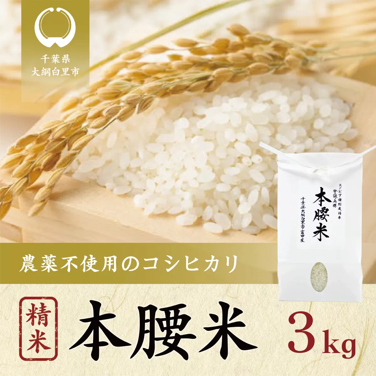 本腰米3kg 精米 千葉県産コシヒカリ 農薬不使用 F001