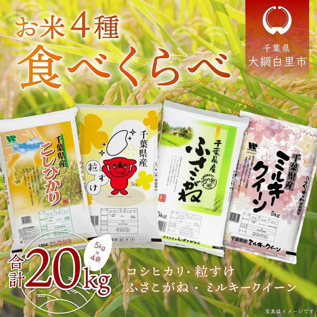 【新米】令和6年産 お米4種食べくらべ 20kg（コシヒカリ、粒すけ、ふさこがね、ミルキークイーン）各種5kg×1袋 A036