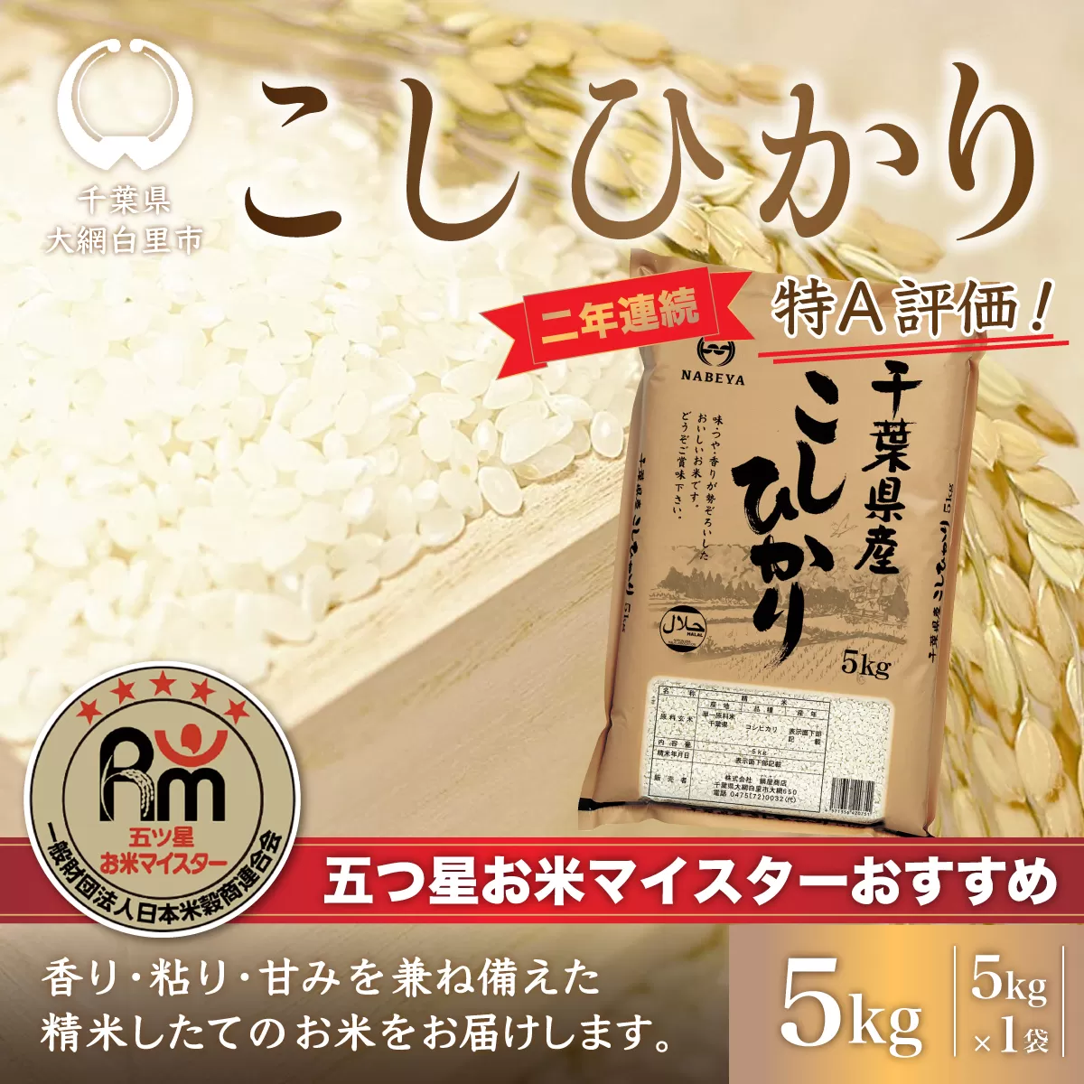 【新米】令和6年産 2年連続特A評価!千葉県産コシヒカリ5kg（5kg×1袋） E006