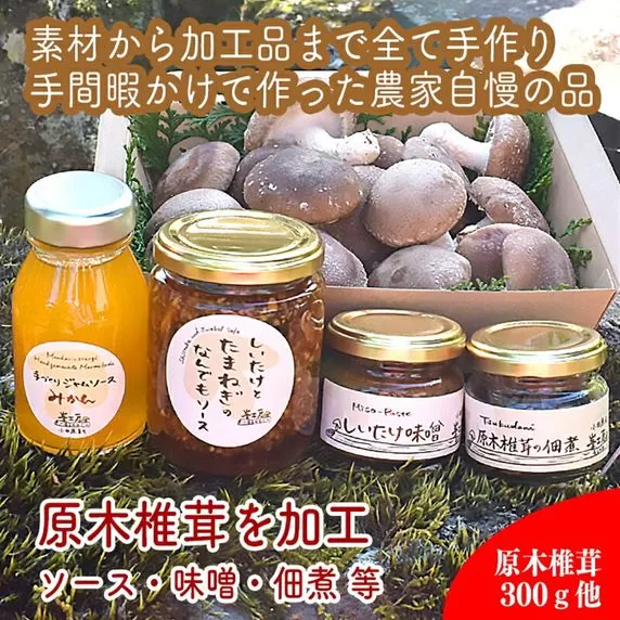 原木生椎茸と椎茸のソース&味噌&佃煮、椎茸の廃ホダを肥料に育ったみかんジャムのセット