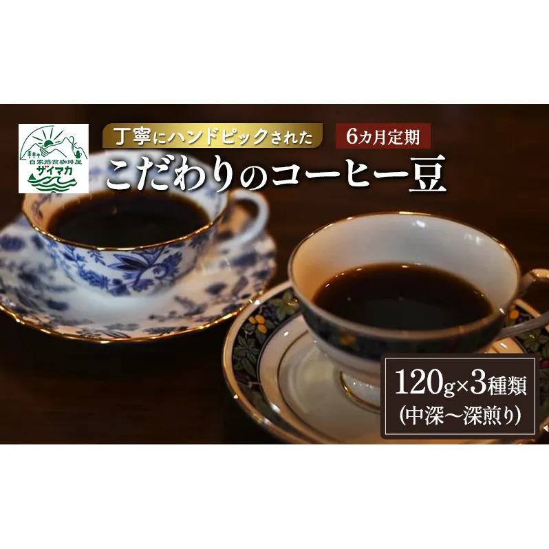 【6ヵ月定期便】丁寧にハンドピックされたこだわりのコーヒー豆120g×3種類(中深～深煎り)【豆】  珈琲 コーヒー豆 珈琲豆 豆 焙煎 自家焙煎 セット